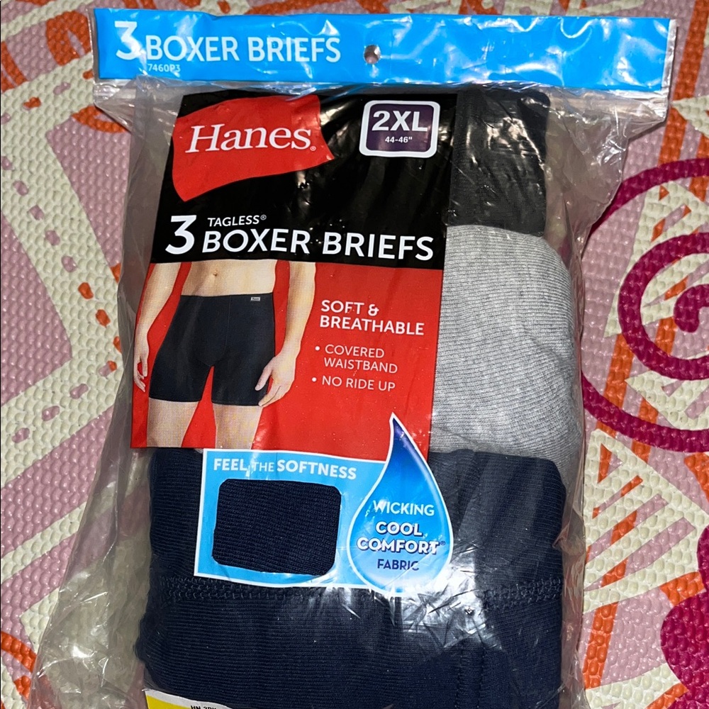 New Hanes Men's Tagless Boxer Briefs 3-Pack - Black, Gray, Navy 2XL